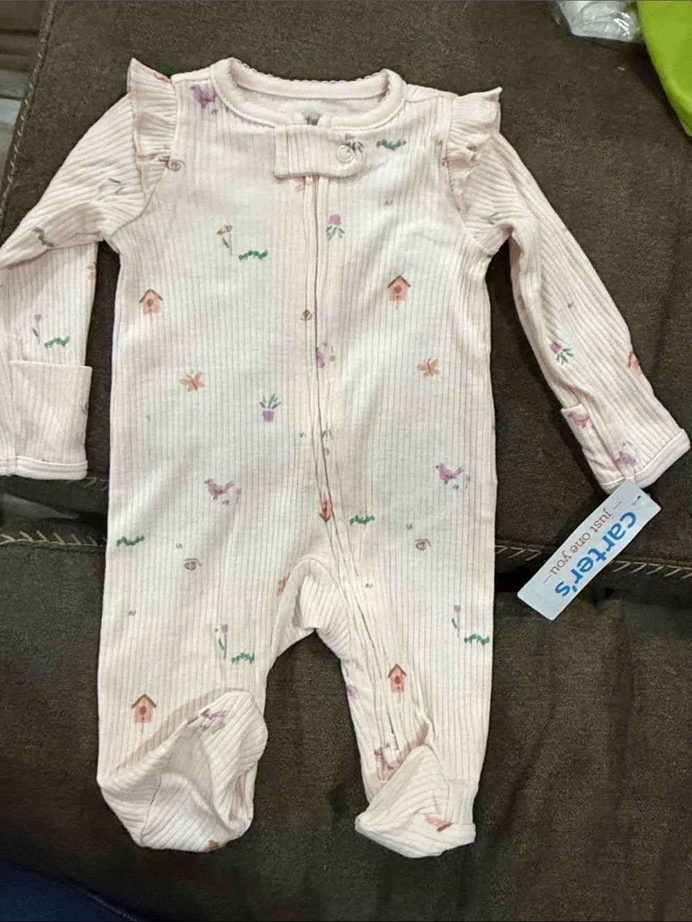 Carter's Light Pink Ribbed Footed One-Piece with Pastel Garden Prints